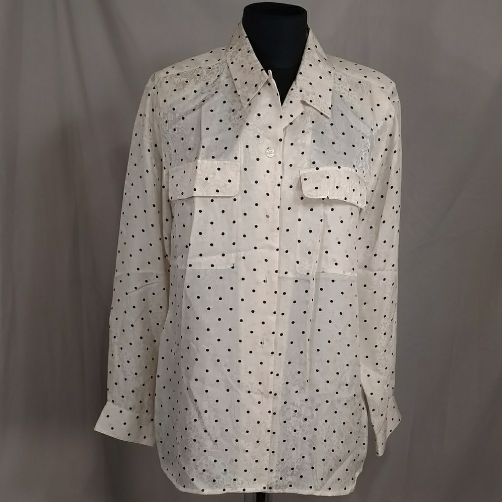 Silk Blouse Cream w Navy Blue Polka Dots Classic Button Down Washable w Tags